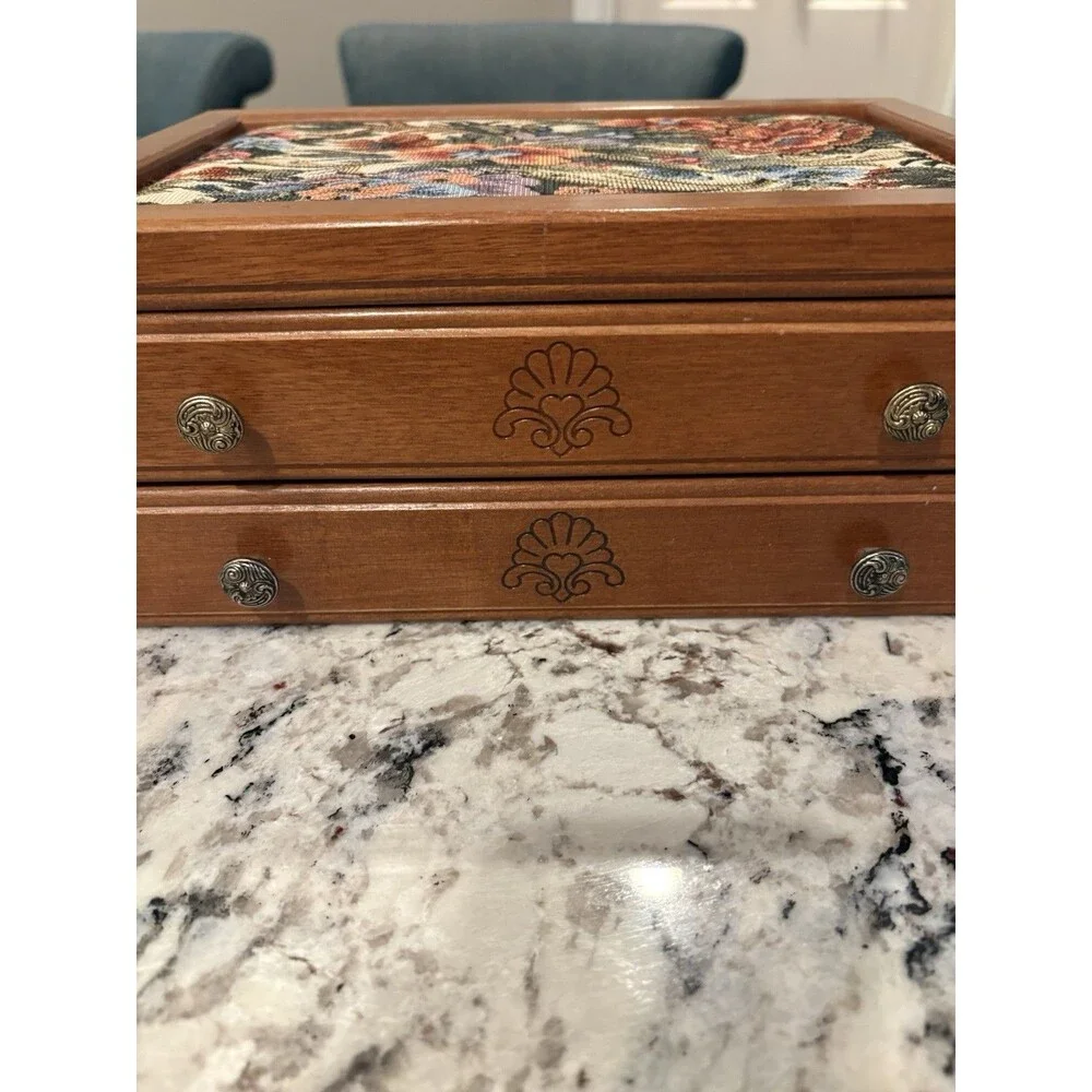 Vintage Floral Tapestry Top Wood Hinged Jewelry Box Pink Velvet Lining Drawer